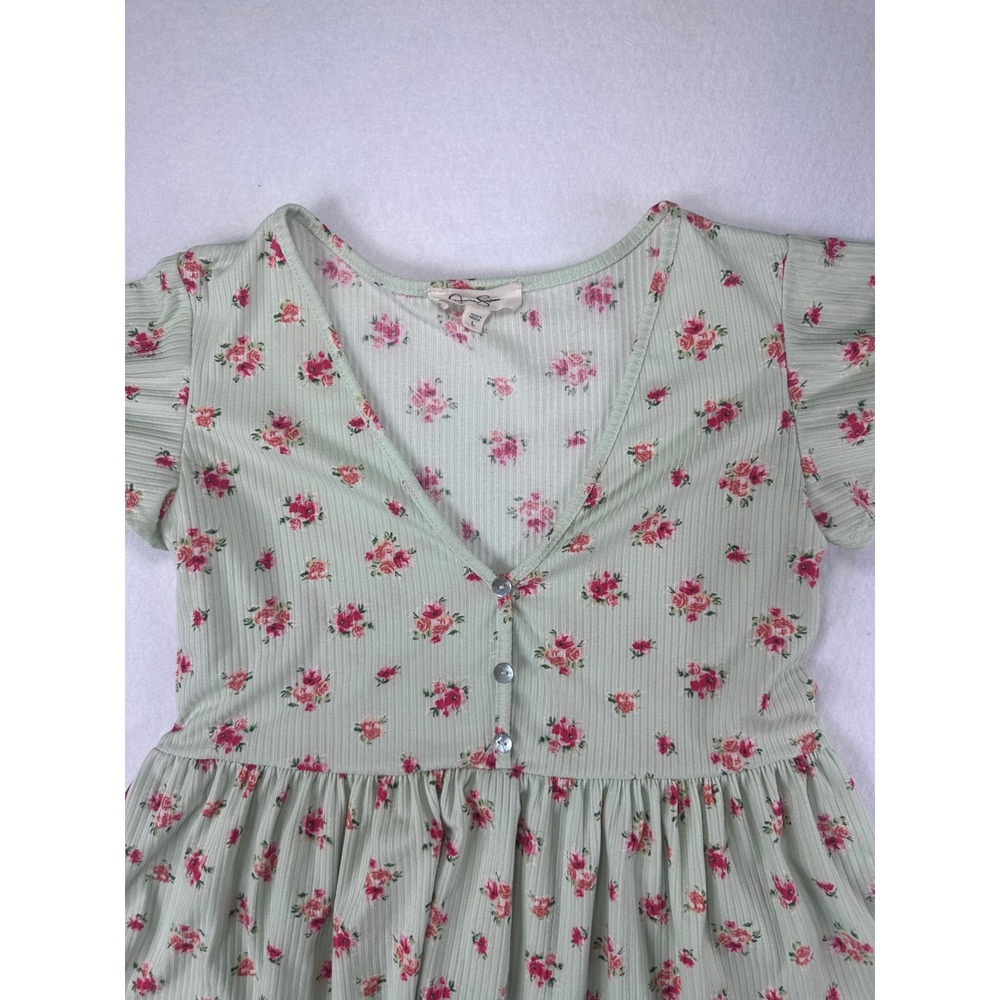 Jessica Simpson Women Floral Ribbed Babydoll Mini Dress Sage Green Pink Rose L - Picture 4 of 12